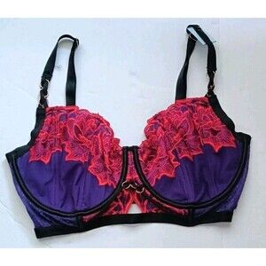 Ann Summers Balconett Bra Sz 32F Unlined Purple Red Lace Embroidered Underwire